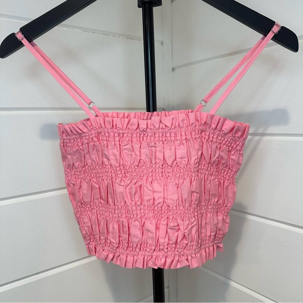 Hunter & Brown Pink Smocked Ruffle Crop Top NWT